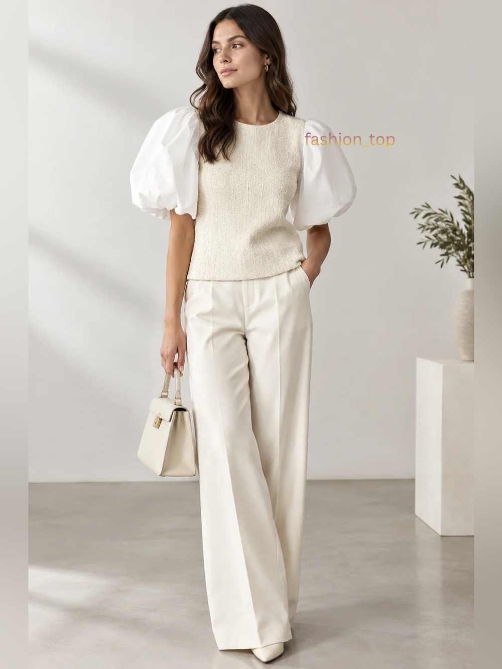 By Anthropologie Mixed Media Off-White Puff Sleeve Top - Size XL NWOT